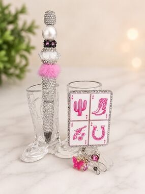 Handmade Western Pink Poker Badge Reel & Rhinestone Pen, By Rockin' 3 Leather